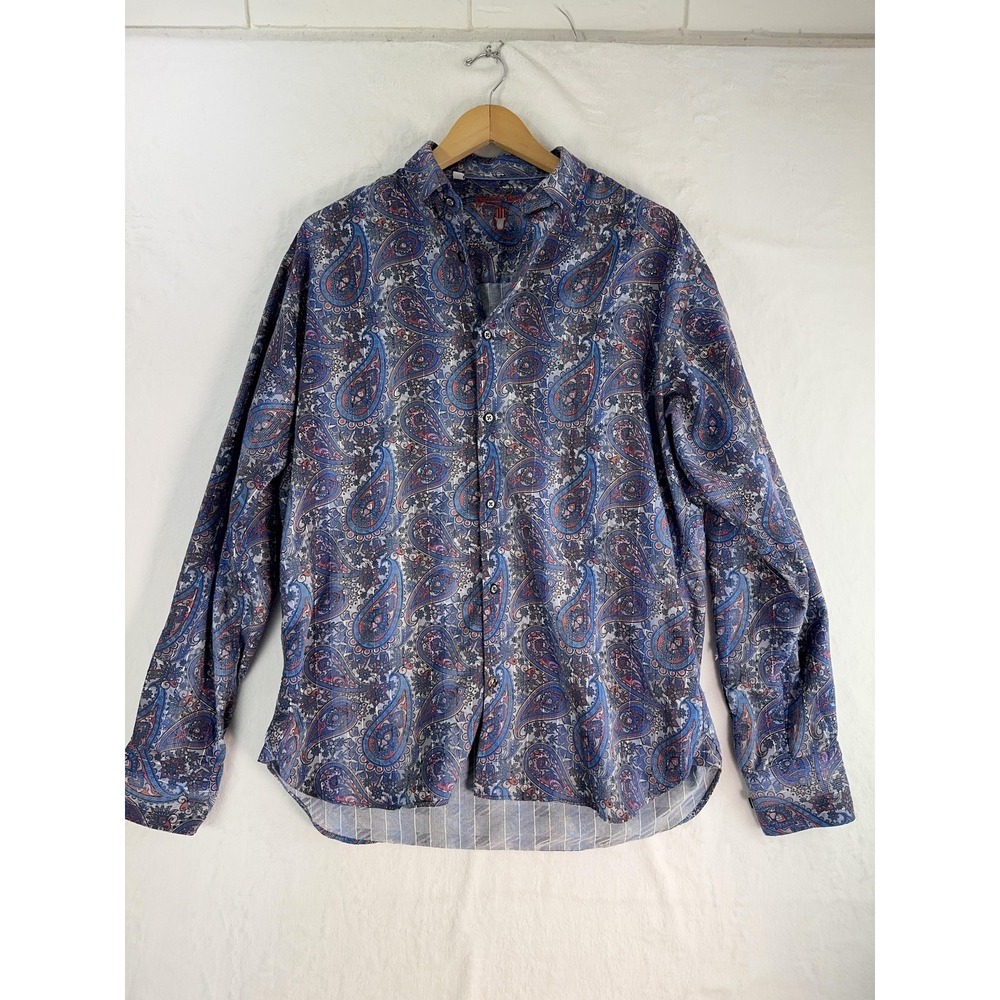 Luchiano Visconti Black Shirt Mens‎ Medium Blue Paisley Button Up Long Sleeve